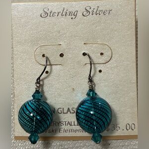 Teal Swirl Glass Drop Earrings with Sterling Sliver Hooks and Swarovski Crystals